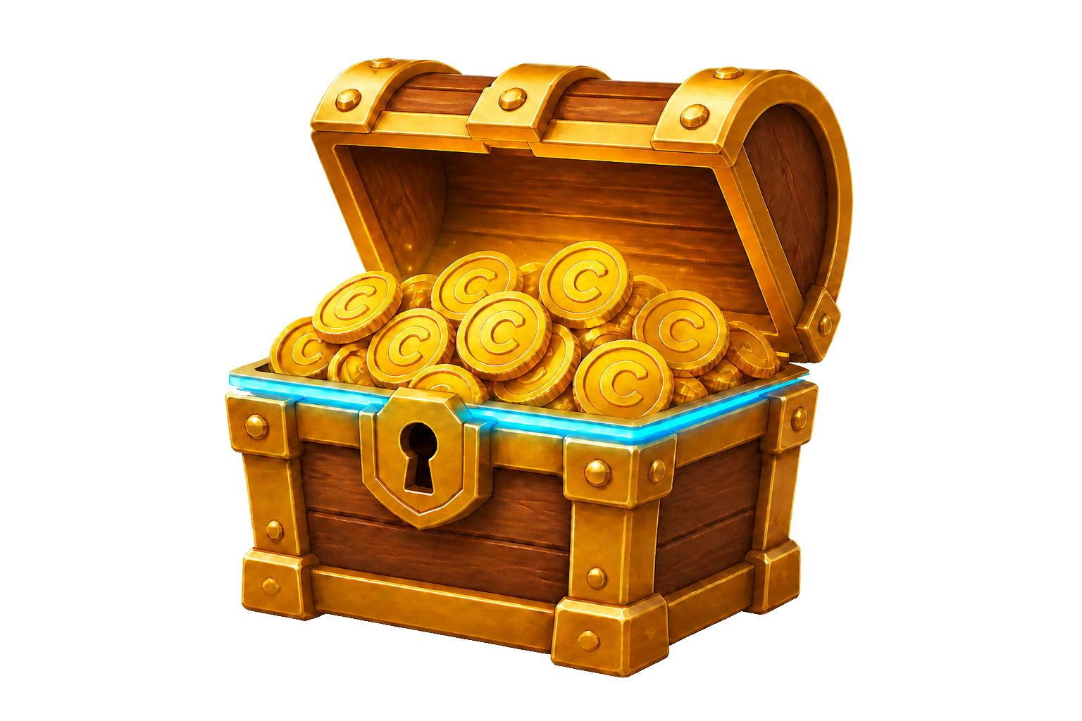 Open treasure chest filled with gold credit coins