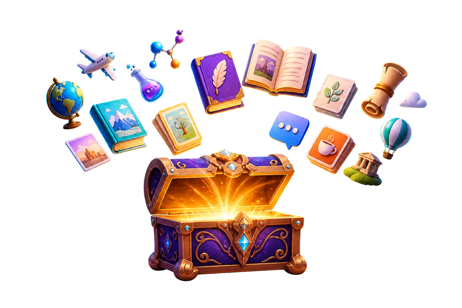 A glowing treasure chest releasing colorful vocabulary collections
