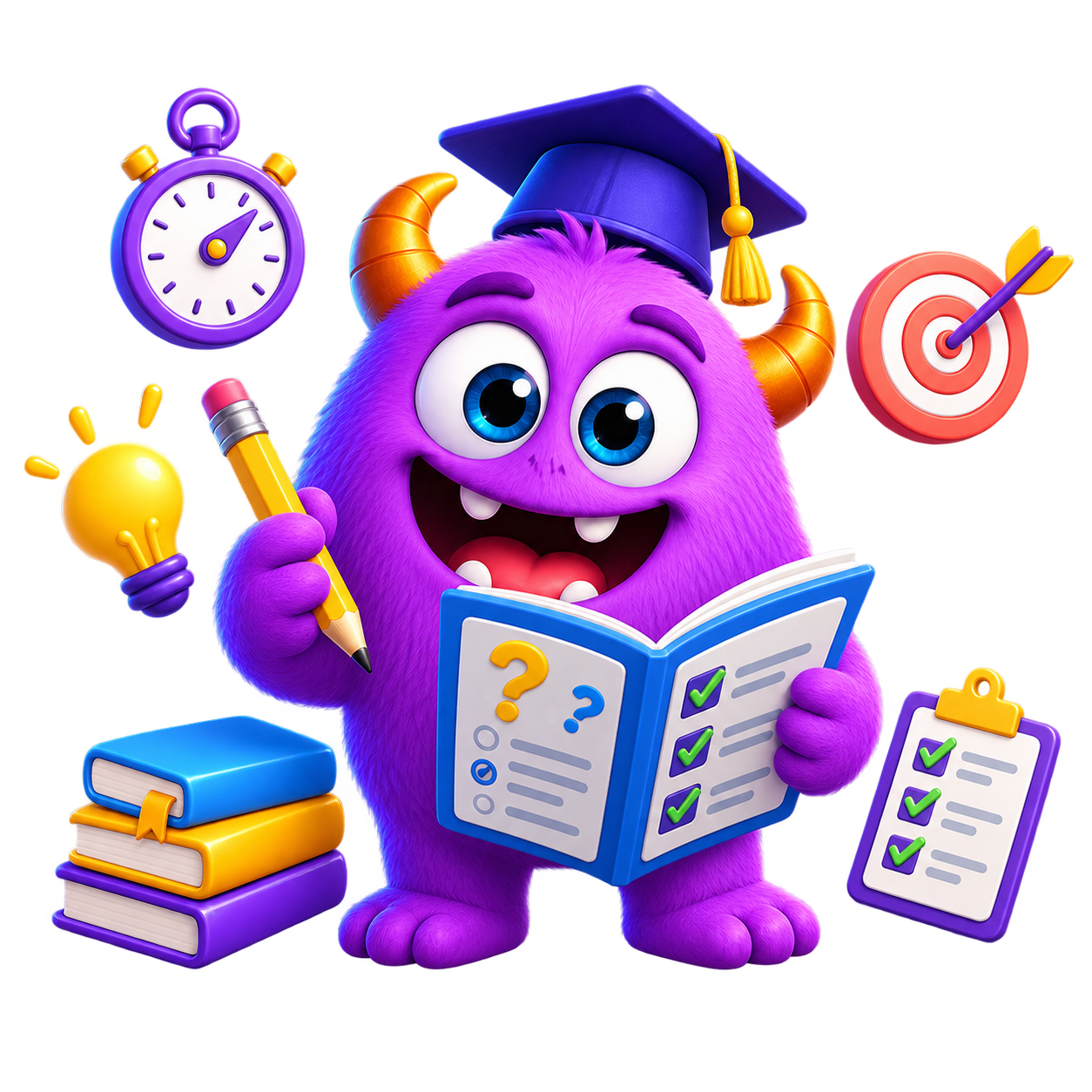 A Vocab Monster preparing for exams with study materials