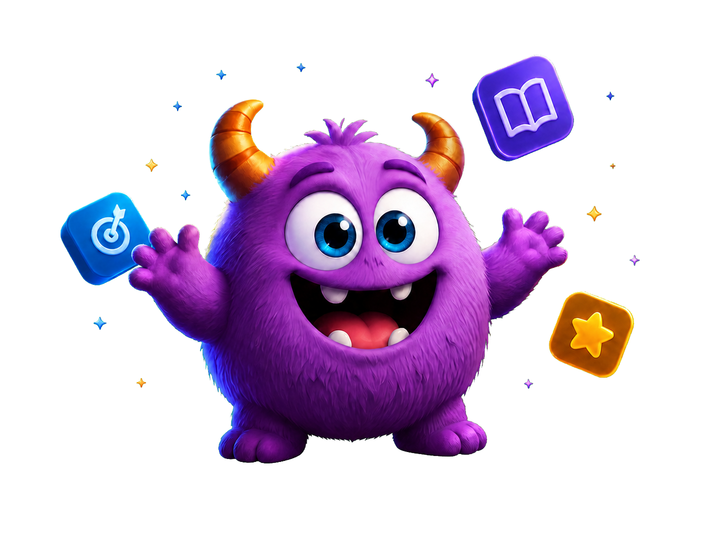 A cheerful purple Vocab Monster surrounded by learning symbols